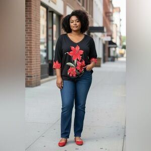 Valentina Black Blouse with Red Floral Design Size XL